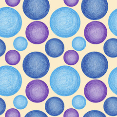 Seamless pattern from circles (rounds) hand drawn by color pencils, bright colors - violet and blue. High resolution 600 dpi, isolated on beige background, with texture of color pencil