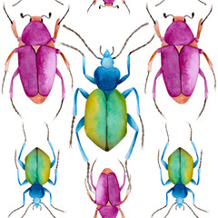 Seamless pattern with hand drawn watercolor pink and blue beetles. Design for paper, filling pages, textile printing