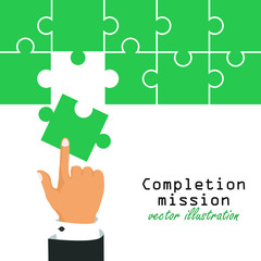 Completion mission concept. Businessman putting last puzzle in jigsaw. Successful implementation of plan. Vector illustration in flat design.