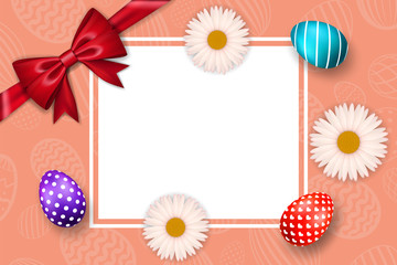 Happy Easter background, textured eggs, ribbon bow, chamomile. Decoration frame. Greeting Easter 3D card. Border template, empty space. Holiday design poster, banner, invitation. Vector illustration