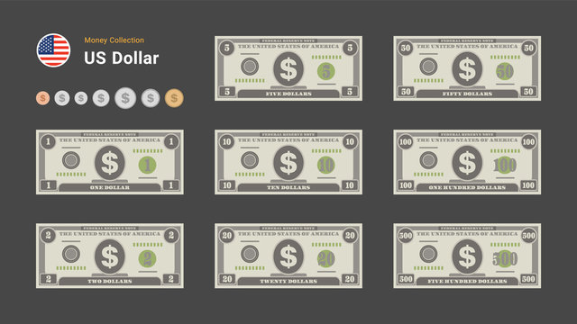 US Dollar Bills. American Money Banknotes And Coins. Currency Vector Set. Stylized Drawing Of Bills. Flat Vector Illustration.
