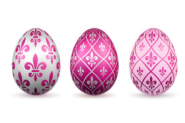 Easter egg 3D icon. Color eggs set, isolated white background. Flower fleur de lis design, decoration Happy Easter celebration. Royal lily element. Holiday pattern. Spring symbol. Vector illustration