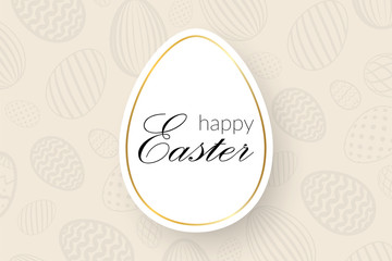 Happy Easter background, decorative text, eggs texture pastel. Greeting Easter 3D card. Gold decoration holiday frame, calligraphic letter inscription. Holiday design poster. Vector illustration