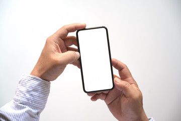 Man holding blank screen mobile smart phone