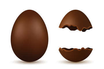 Easter egg 3d. Chocolate brown whole and broken eggs set, isolated white background. Traditional sweet candy, decoration Happy Easter celebration. Design element spring holiday. Vector illustration