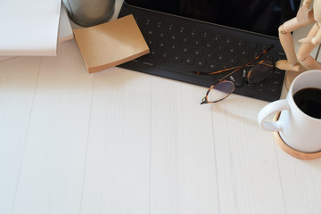 Top view office desk workspace