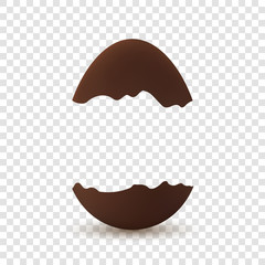 Easter broken egg. Chocolate brown open egg, isolated white transparent background. Traditional sweet candy dessert, decoration Happy Easter celebration. Design element holiday. Vector illustration