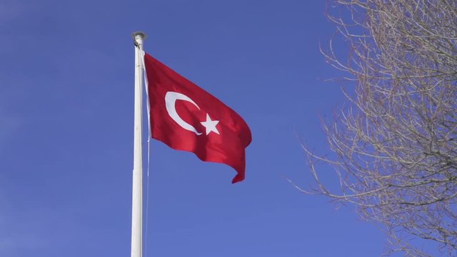Flag of Turkey on blue sky wind background