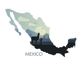 Stylized landscape of Mexico with a llama and cactuses in the form of a map of Mexico