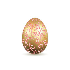 Easter egg 3D icon. Ornate gold egg, isolated white background. Swirl realistic design, decoration Happy Easter celebration. Holiday ornamental element. Graceful spring pattern. Vector illustration