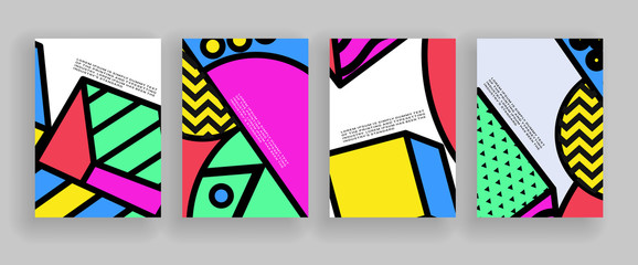 Minimal covers design. Placard templates set with abstract geometric shapes, 80s memphis bright style flat design elements. Retro art for a4 covers, banners, flyers and posters. © designer_things