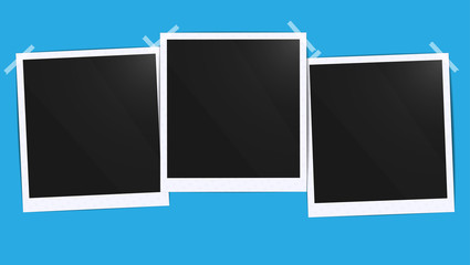 Realistic empty photo black blank frames batch mockup glued with tape. Make it with gradient mesh tool illustration. Vector template for collage to family album sticker on white borders and shadow.