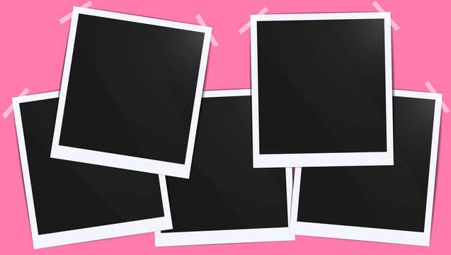 Realistic empty photo black blank frames batch mockup glued with tape. Make it with gradient mesh tool illustration. Vector template for collage to family album sticker on white borders and shadow.