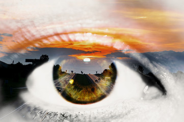 ..Double exposure of the closeup woman eye and highway with sunset on the horizon