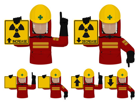 Set of industrial worker with Radiation protective suit is gesturing hand sign ( increase,decrease)