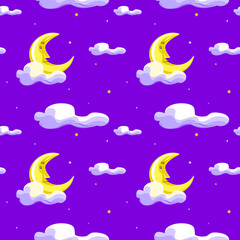 Obraz na płótnie Canvas Cute moon, clouds and night sky with stars seamless pattern. Hand drawn illustration. Texture for printing, wrapping, wallpaper, fabric, and textile.