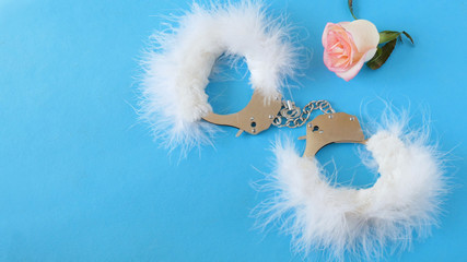 white sexy fluffy handcuffs with pink rose on blue background 