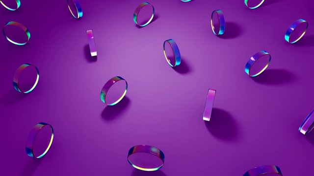 3D computer rendering of crystal glass round objects rotating on purple background. 4K seamless loop animation footage.