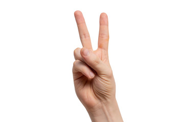 Victory sign gesture on a white background.