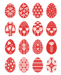 Set of Easter eggs with floral and plant ornamental. Folk style collection, laconic vector graphic Scandinavian style. Red color. For holiday celebration design