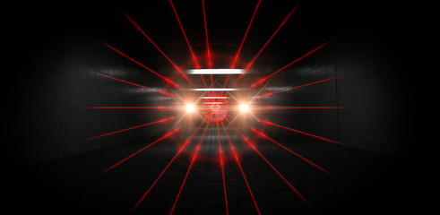 ackground wall with neon lines and rays. Background of an empty dark corridor, parking, airport with neon light. Abstract background with lines and glow. Wet asphalt, the reflection of neon lights in