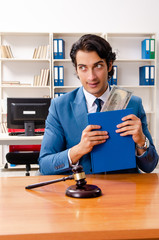 Young handsome judge sitting in courtroom  