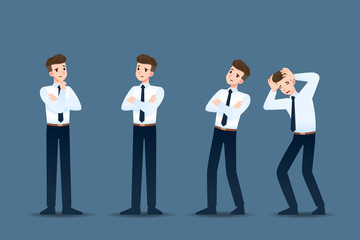 Set of businessman in 4 different gestures. People in business character poses like thinking, concern. Vector illustration design.