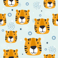 Obraz na płótnie Canvas Muzzle of tigers, hand drawn backdrop. Colorful seamless pattern with muzzles of animals. Decorative cute wallpaper, good for printing. Overlapping background vector. Design illustration, roar