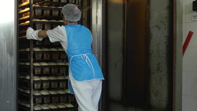 Person wheeling a large trolley with multiple shelves of bread into an industrial oven to be cooked in a bakery factory
