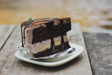 Chocolate cake on a wooden table