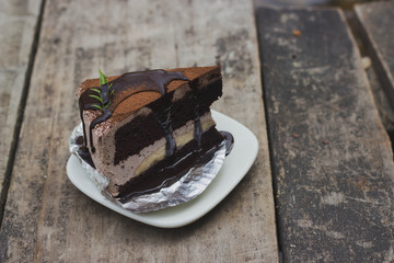 Chocolate cake on a wooden table
