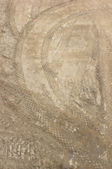 Tire tracks on a brown dirt road, textured imprints in different directions