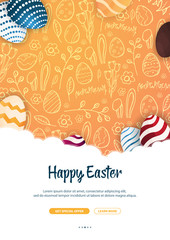 Happy Easter banner. Easter Eggs. Doodle hand draw background. Vector illustration.