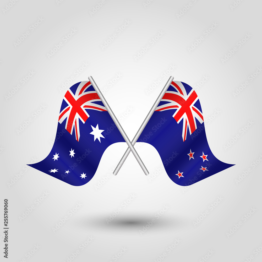 Wall mural vector two crossed australian and zealander flags on silver sticks - symbol of australia and new zealand