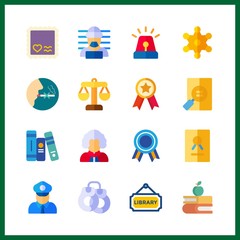 16 law icon. Vector illustration law set. certificate and criminal icons for law works