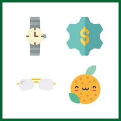4 closeup icon. Vector illustration closeup set. watch and orange icons for closeup works