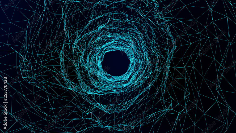 Wall mural wireframe tunnel, abstract digital cyber wireframe light tunnel background, future system programmin