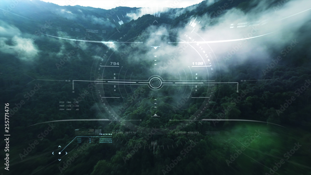 Aufkleber aerial view from the fighter plane's cockpit flying over the low cloud cover mountain scape with hea