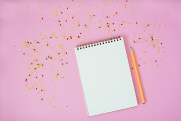Clean note book on pink background.