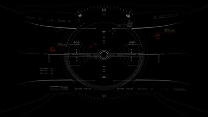 Aerial view from the fighter plane's cockpit flying over the low cloud cover mountain scape with head up display acquire targets and enemies location hidden in the dense mountain forest