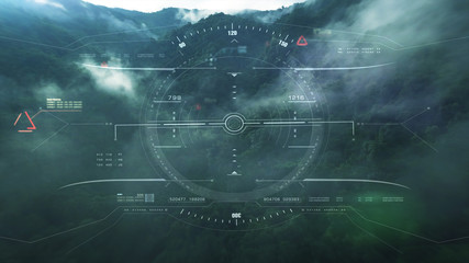 Aerial view from the fighter plane's cockpit flying over the low cloud cover mountain scape with...