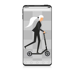 Cartoon picture with woman, girl riding, enjoying fast modern and futuristic electric scooter on smartphoon. Eco alternative city transport. Vector illustration. Flat style.