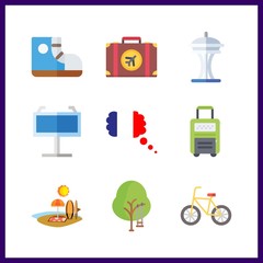 9 travel icon. Vector illustration travel set. sneakers and space needle icons for travel works