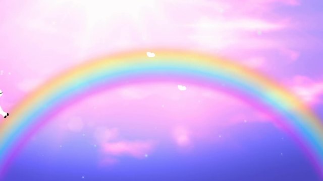 Cute cartoon white unicorn with pink mane goes on rainbow on fabulous pink sky for holiday background. Looped 4K motion graphic.