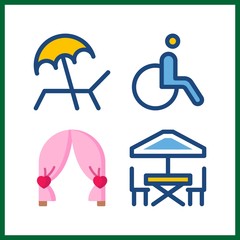 4 chair icon. Vector illustration chair set. sunbed and wheelchair icons for chair works