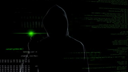 Man in hood push button on virtual screen with scripts, anonymous cyber attack