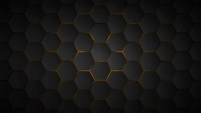 Abstract background of black hexagon tiles with yellow gaps between them