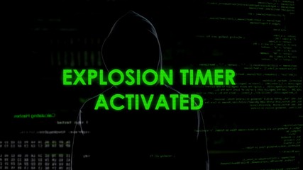 Explosion timer activated, safety danger, cyber criminal on codes background