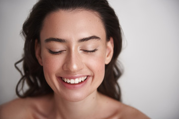 Close up portrait happy brunette beautiful woman