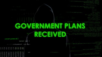 Fototapeta na wymiar Government plans received, scary shadow hacker planning country defense attack